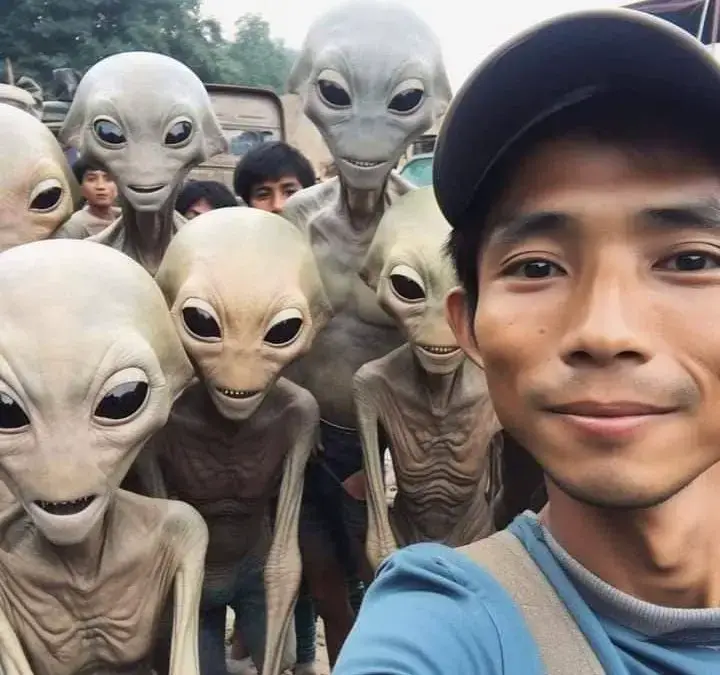 Unbelievable Encounters, Asians in a Small Village Capturing Selfies with Aliens
